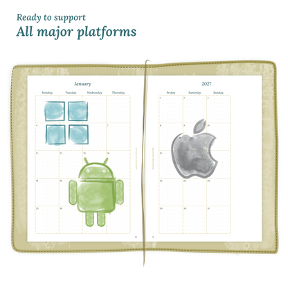 Open planner calendar insert with Windows, Android and Apple logos on a white background to show what operating systems are supported by our printables.