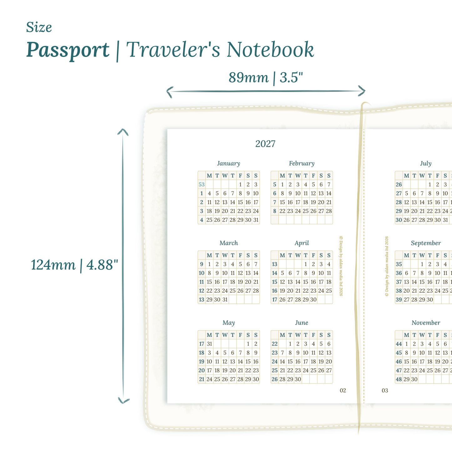 Printable PDF calendar planner insert with dimensions labeled on a white background to show the size supported which is Passport size for Traveler's Notebook.