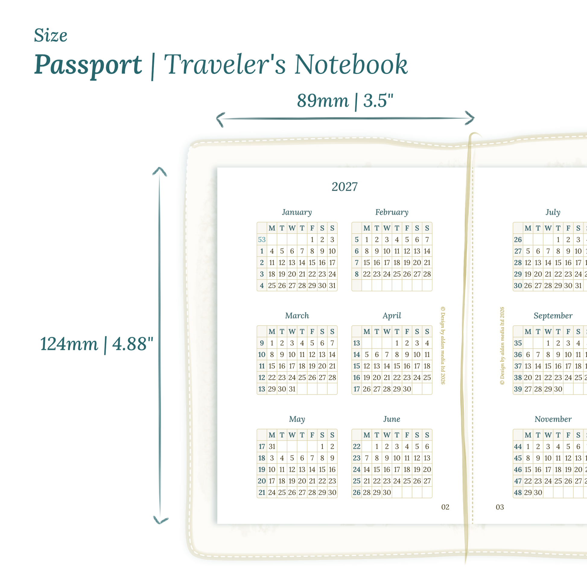 Printable PDF calendar planner insert with dimensions labeled on a white background to show the size supported which is Passport size for Traveler's Notebook.
