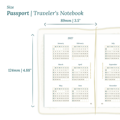 Printable PDF calendar planner insert with dimensions labeled on a white background to show the size supported which is Passport size for Traveler's Notebook.