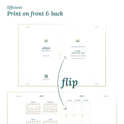 Printable PDF calendar title design and text indicating efficient printing on front and back.