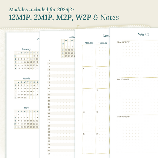 Calendar PDF printable inserts modules for the years 2026 and 2027 with various formats on a beige background featuring 12M2P 12 month on 2 pages, M1P future log month on 1 page, M2P month on 2 pages, W2P week on 2 pages and a Notes.