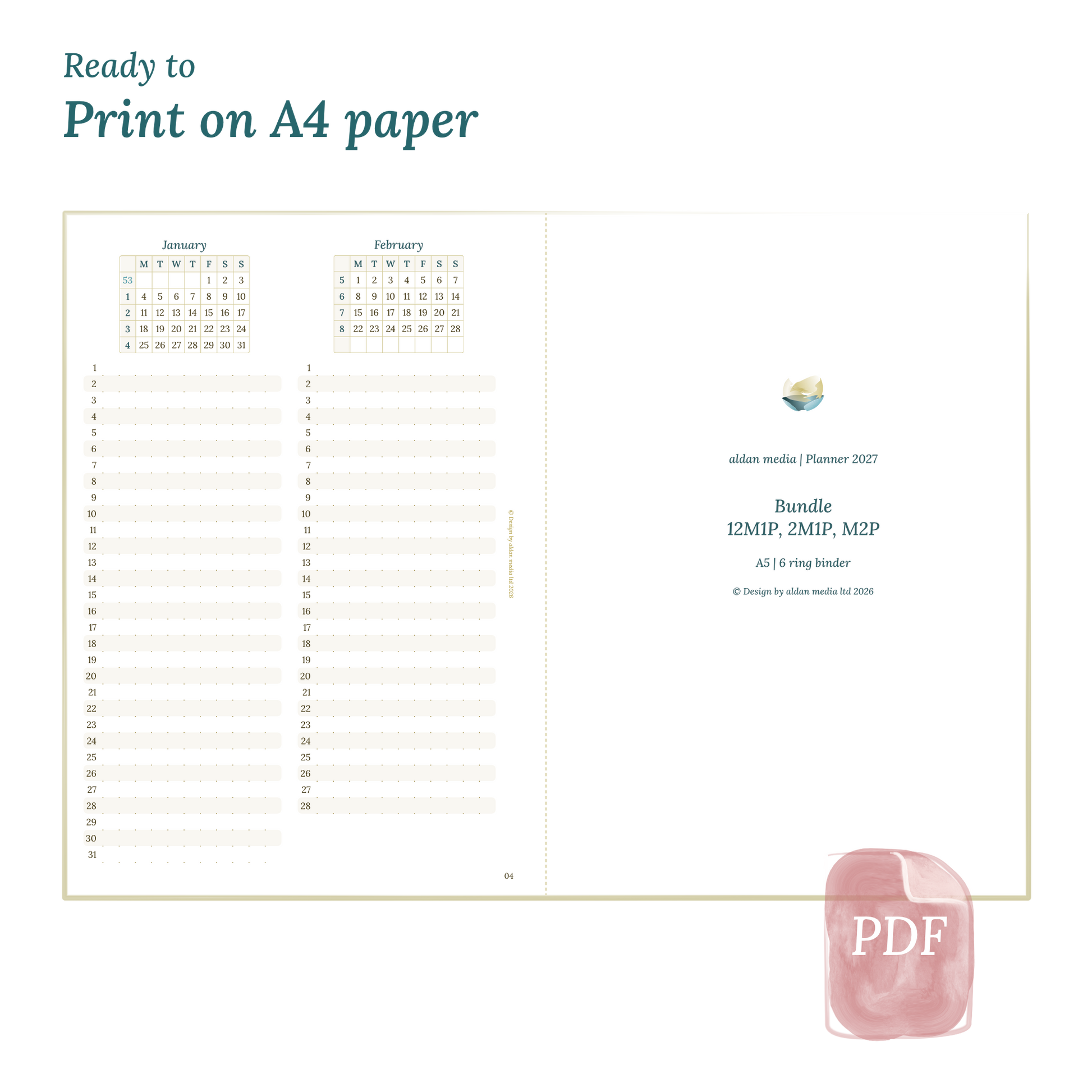 Calendar planner with title design on A4 paper that illustrates that our products are ready to print.