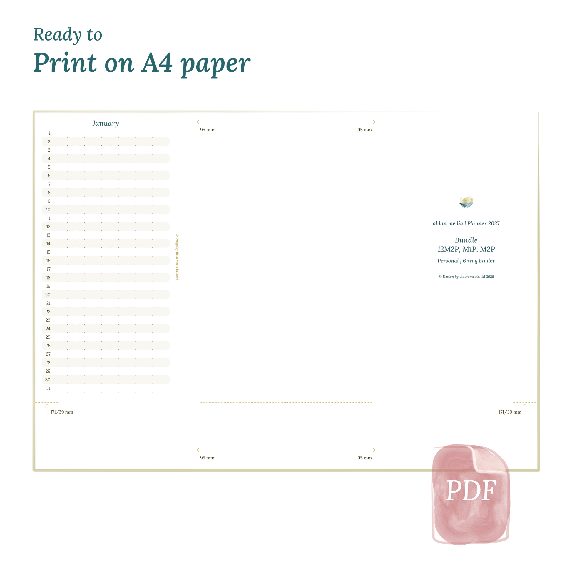 Printable PDF calendar planner with title design on A4 paper that illustrates that our products are ready to print on DIN A4 paper to get planner inserts in Personal size for 6 ring binders.