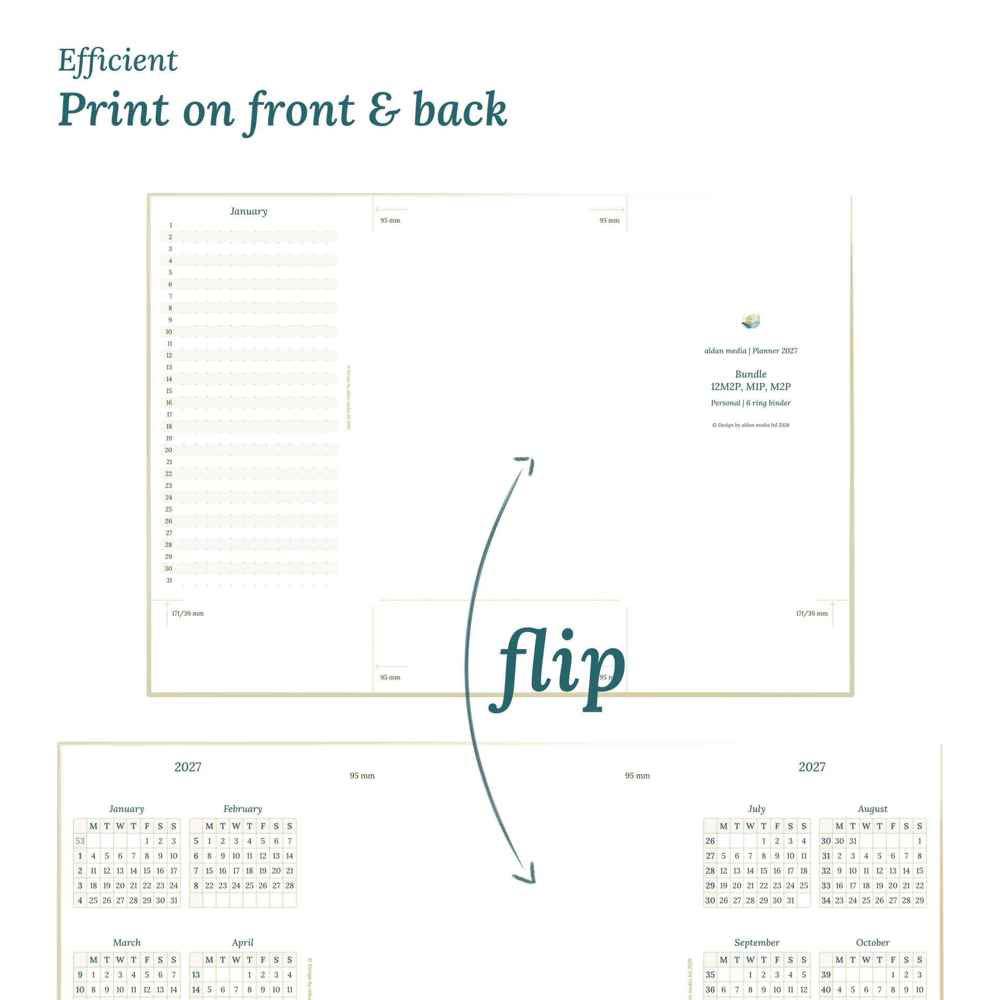 Showing 2 pages of the planner to illustrate the possibility to print our PDF printables on both sides of any DIN A4 page to get planner inserts in Personal size for 6 ring binders.