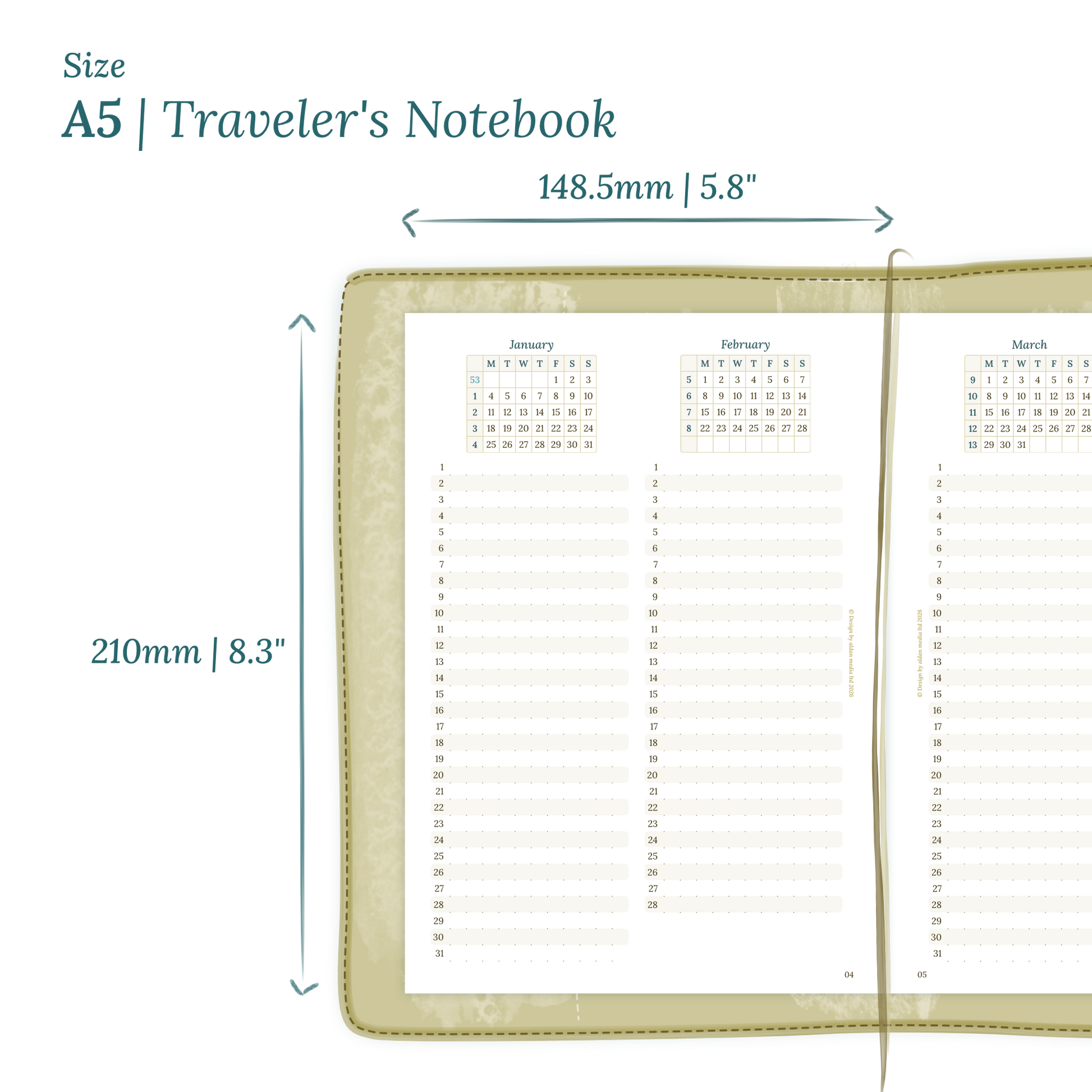 Printable PDF calendar planner insert with dimensions labeled on a white background to show the size supported which is A5 for Traveler's Notebook.