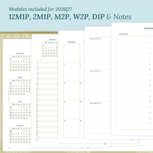 Calendar printable inserts modules for the years 2026 and 2027 with various formats on a ming/blue background featuring 12M1P 12 month on 1 page, 2M1P future log 2 months on 1 page, M2P month on 2 pages, W2P week on 2 pages, D1P day on 1 page and a notes.
