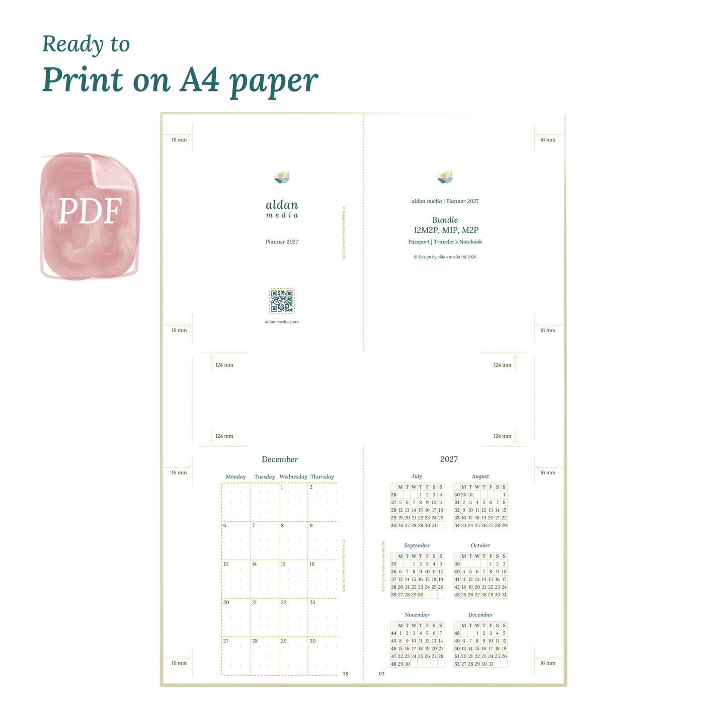 Printable PDF calendar planner with title design on A4 paper that illustrates that our products are ready to print on DIN A4 paper to get planner inserts in Passport size for Traveler's Notebooks.