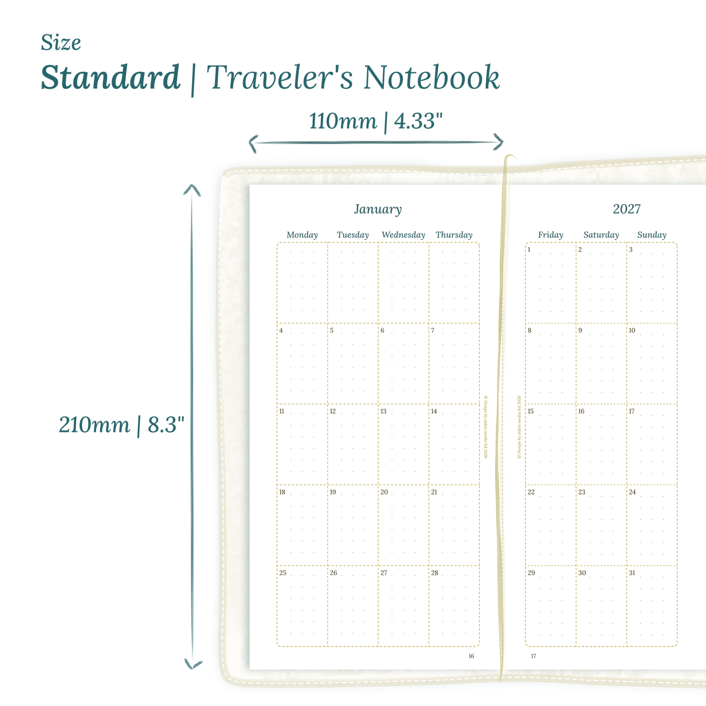 Printable PDF calendar planner insert with dimensions labeled on a white background to show the size supported which is Standard for Traveler's Notebook.