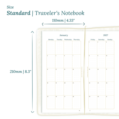 Printable PDF calendar planner insert with dimensions labeled on a white background to show the size supported which is Standard for Traveler's Notebook.