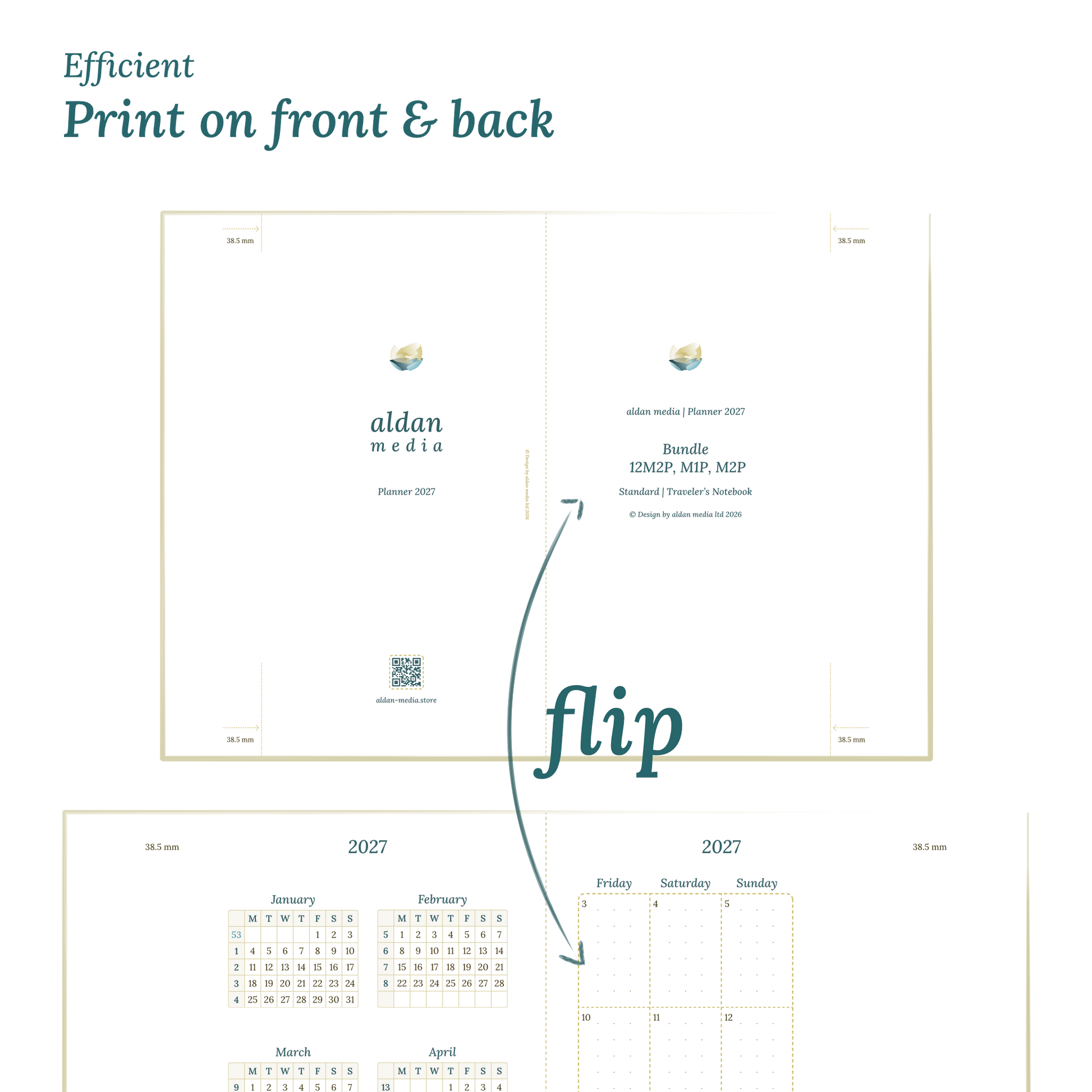 Showing 2 pages of the planner to illustrate the possibility to print our PDF printables on both sides of any DIN A4 page to get planner inserts in Standard size for Traveler's Notebooks.
