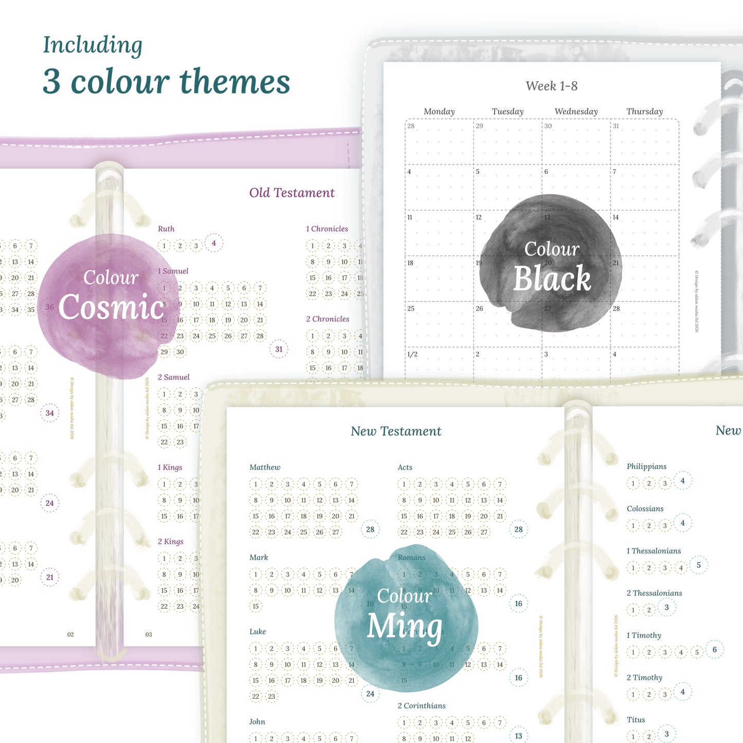 Three colour variants of the Catholic Bible study kit designs with colour themes 'Cosmic', 'Black', and 'Ming' displayed to show how they look like on the modules Catholic Bible journey map and 9W2P 9 weeks on 2 pages.