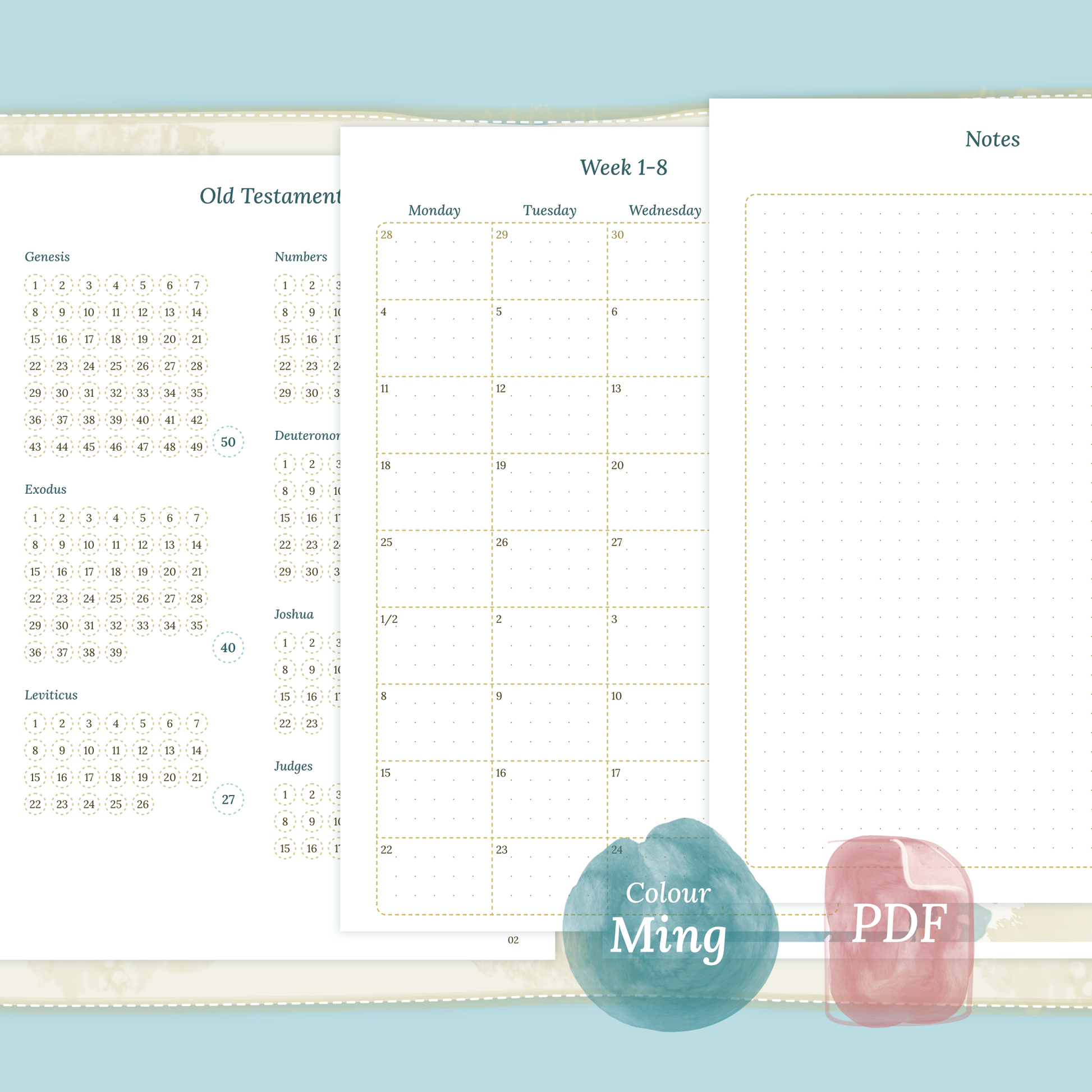 Examples featuring the printable Catholic Bible study kit inserts modules Catholic Bible journey map, 9W2P 9 weeks on 2 pages and Notes in the colour Ming/Blue.
