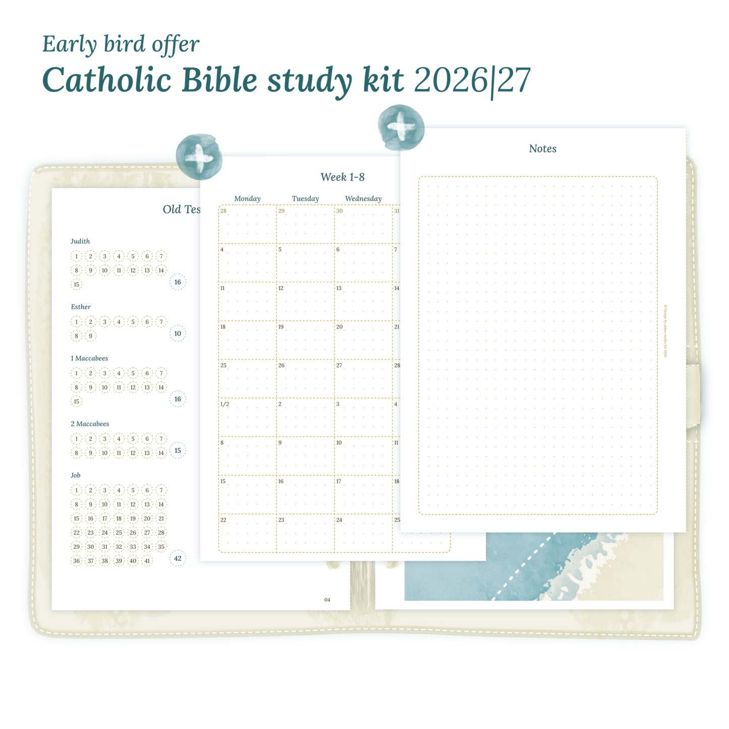 Printable Catholic Bible study kit including modules for 2026 and 2027 for A5 size 6 ring binder planner.