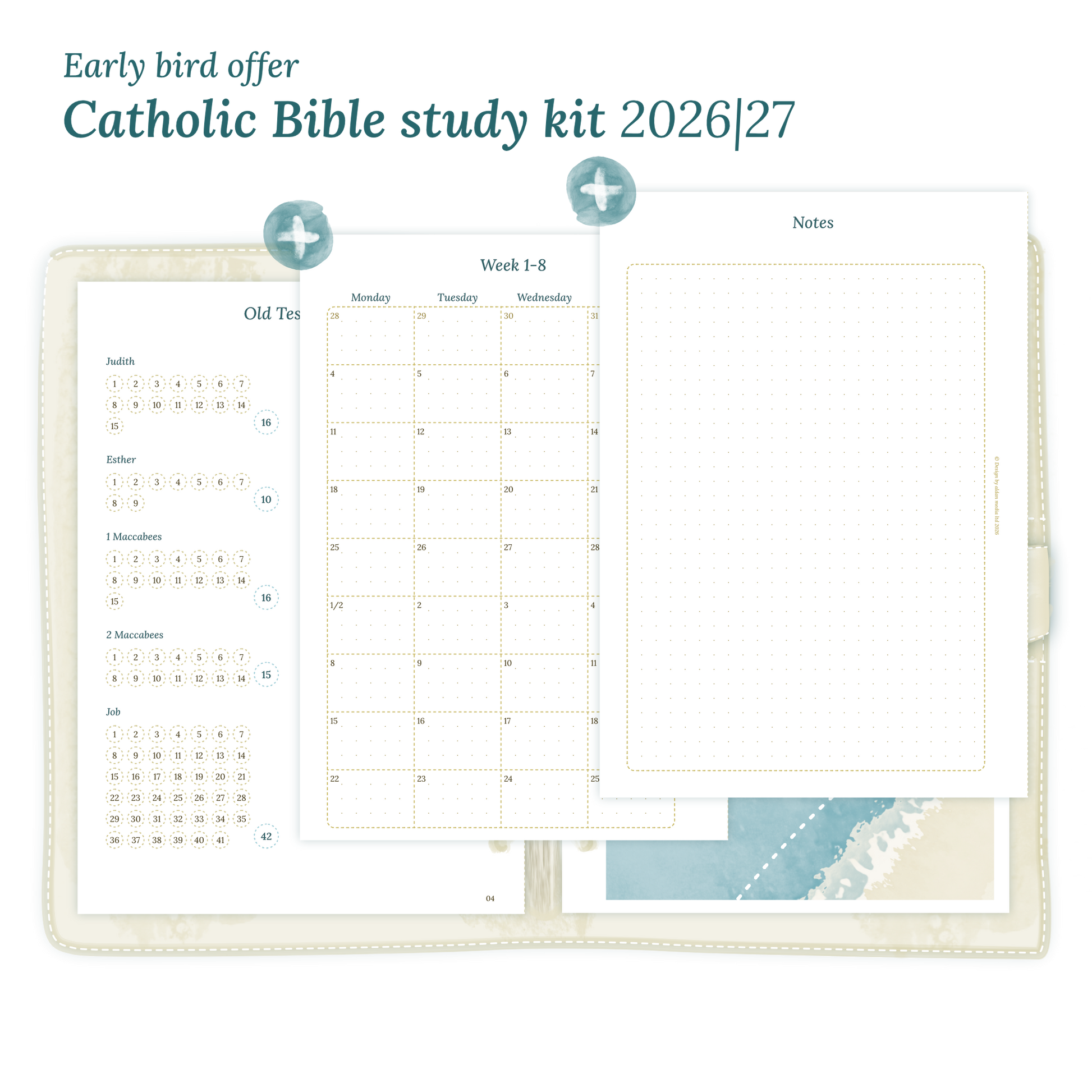 Printable Catholic Bible study kit including modules for 2026 and 2027 for A5 size 6 ring binder planner.