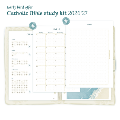 Printable Catholic Bible study kit including modules for 2026 and 2027 for A5 size 6 ring binder planner.