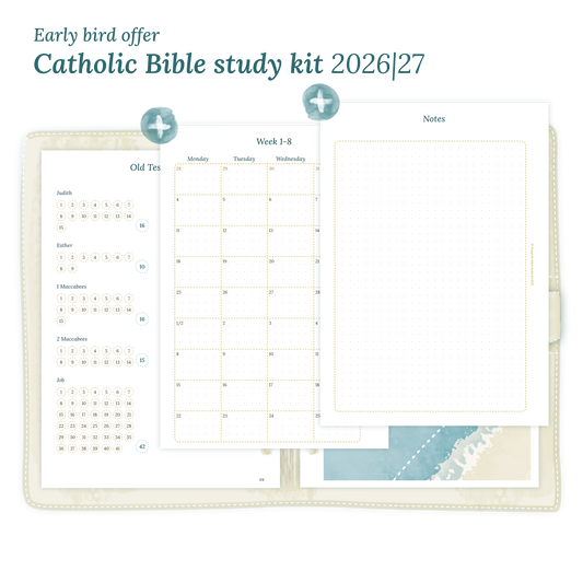 Printable Catholic Bible study kit including modules for 2026 and 2027 for A5 size 6 ring binder planner.