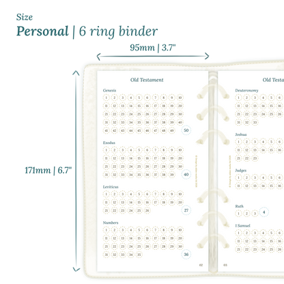 Printable PDF calendar planner insert with dimensions labeled on a white background to show the size supported which is Personal size for 6 ring binder.