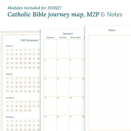 Printable Catholic Bible study kit inserts with modules for the years 2026 and 2027 featuring a Catholic Bible journey map, M2P Month weeks on 2 pages and a notes.