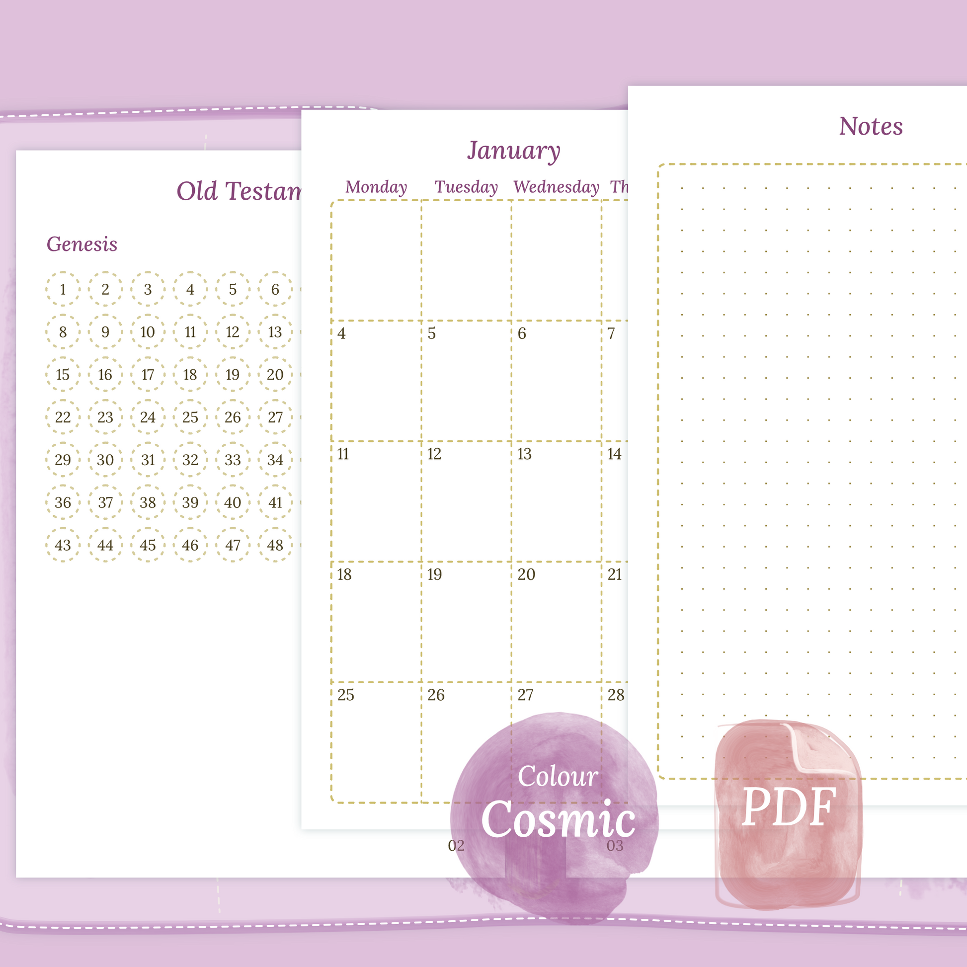 Examples featuring the PDF printable Catholic Bible study kit inserts modules Catholic Bible journey map, M2P Month on 2 pages and Notes in the colour Cosmic/Raspberry in Pocket size for 6 ring planner.