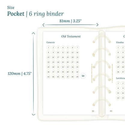 Printable PDF calendar planner insert with dimensions labeled on a white background to show the size supported which is Pocket size for 6 ring binder.