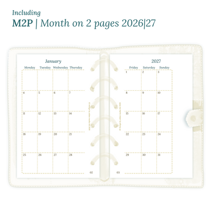 Open planner showing details of the PDF printable planner inserts module M2P month on 2 pages for January 2026 till December 2027 in Pocket size for 6 ring planner.