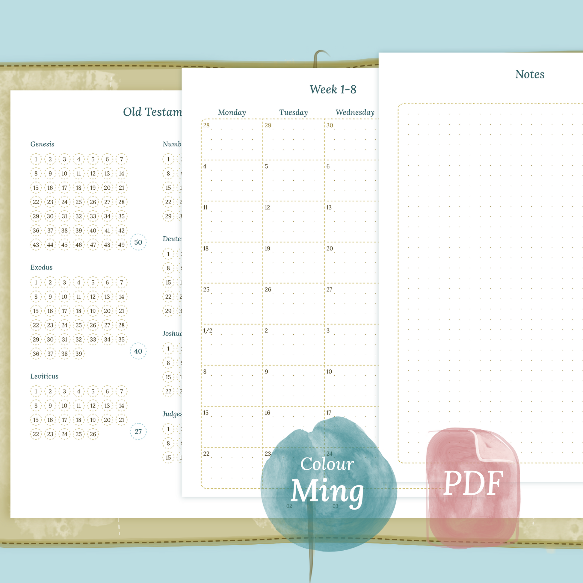 Examples featuring the PDF printable Catholic Bible study kit inserts modules Catholic Bible journey map, 9W2P 9 weeks on 2 pages and Notes in the colour Ming/Blue.