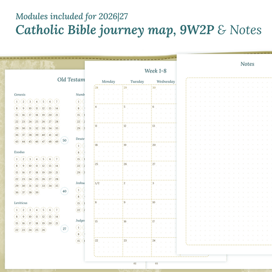 Printable Catholic Bible study kit inserts with modules for the years 2026 and 2027 featuring a Catholic Bible journey map, 9W2P 9 weeks on 2 pages and a notes.