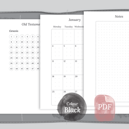 Examples featuring the PDF printable Catholic Bible study kit inserts modules Catholic Bible journey map, M2P Month on 2 pages and Notes in the colour Black & White in Passport size for Traveler's Notebook planner.