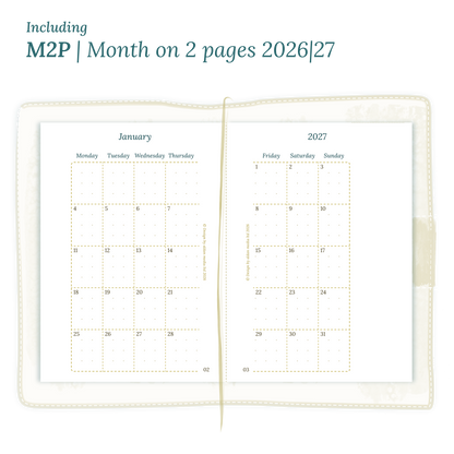 Open planner showing details of the PDF printable planner inserts module M2P month on 2 pages for January 2026 till December 2027 in Passport size for Traveler's Notebook planner.