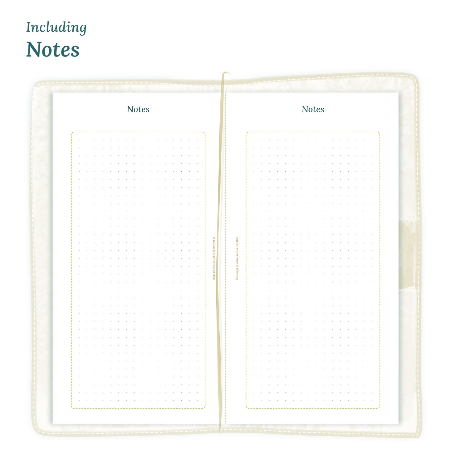 Open planner showing details of the PDF printable planner inserts module Notes for 2027 in Standard size for Traveler's Notebook planner.