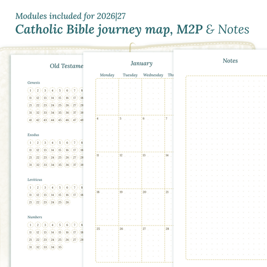 PDF Printable Catholic Bible study kit inserts with modules for the years 2026 and 2027 featuring a Catholic Bible journey map, M2P Month weeks on 2 pages and a notes.