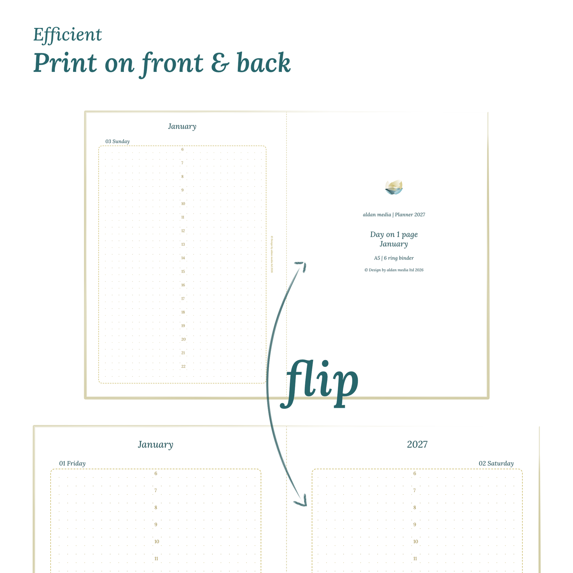 Printable PDF calendar design with a title and text indicating efficient printing on front and back of the A4 page.