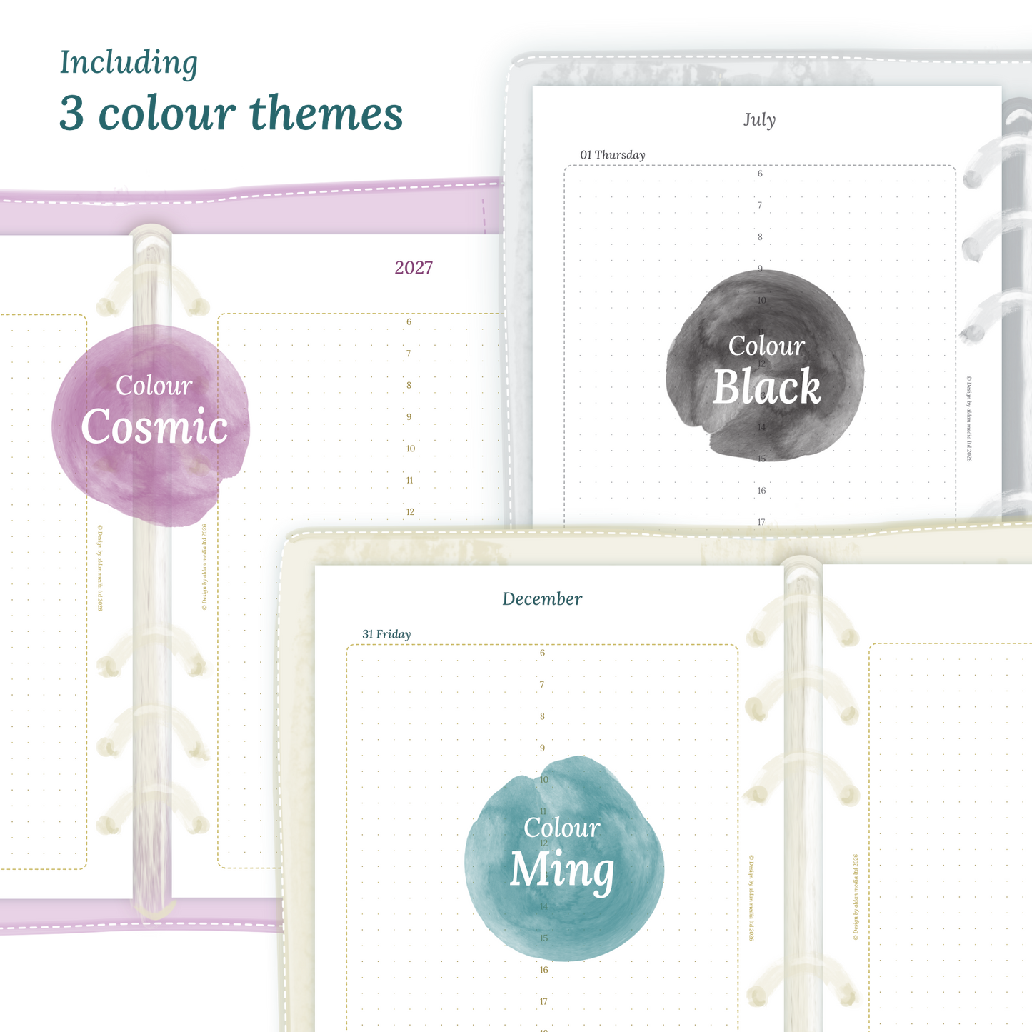 Three colour variants of the calendar designs of the PDF printable inserts with colour themes 'Cosmic', 'Black', and 'Ming' displayed to show how they look like on this module D1P day on 1 page.