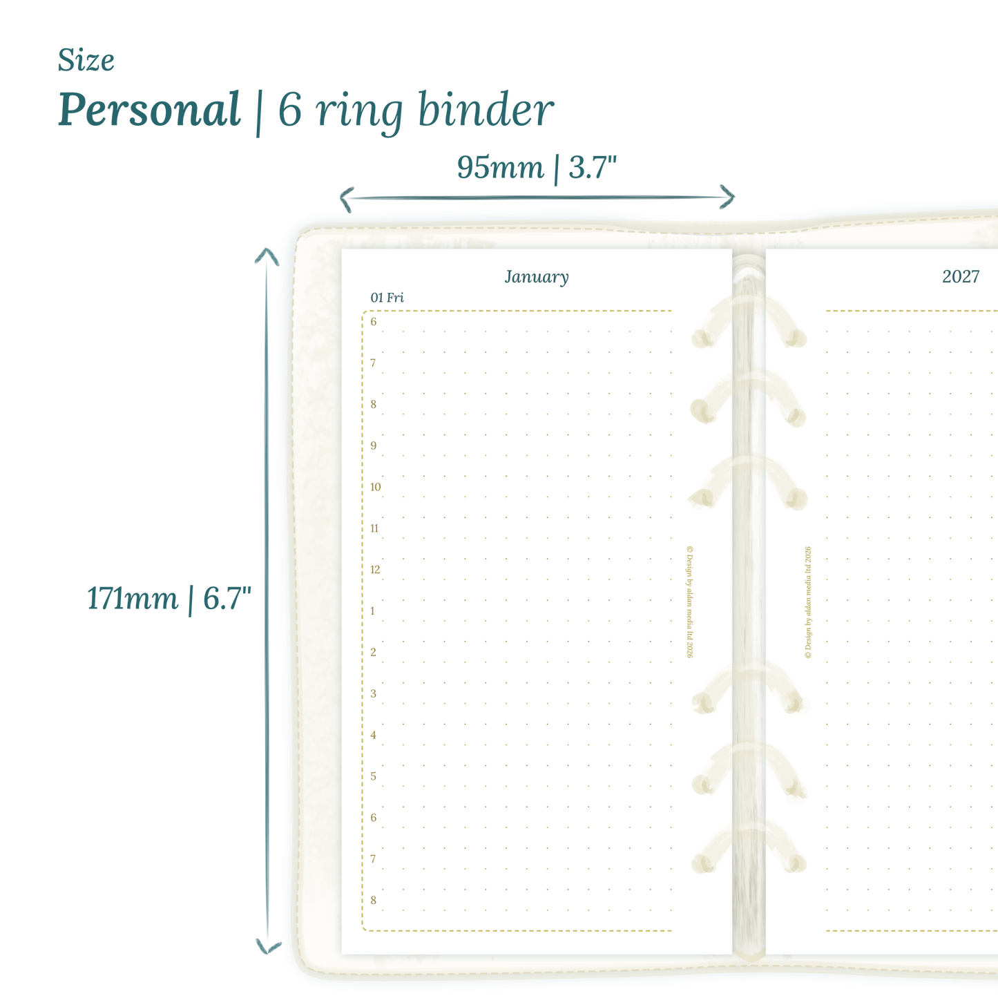 Printable PDF calendar planner insert with dimensions labeled on a white background to show the size supported which is Personal size for 6 ring binder.