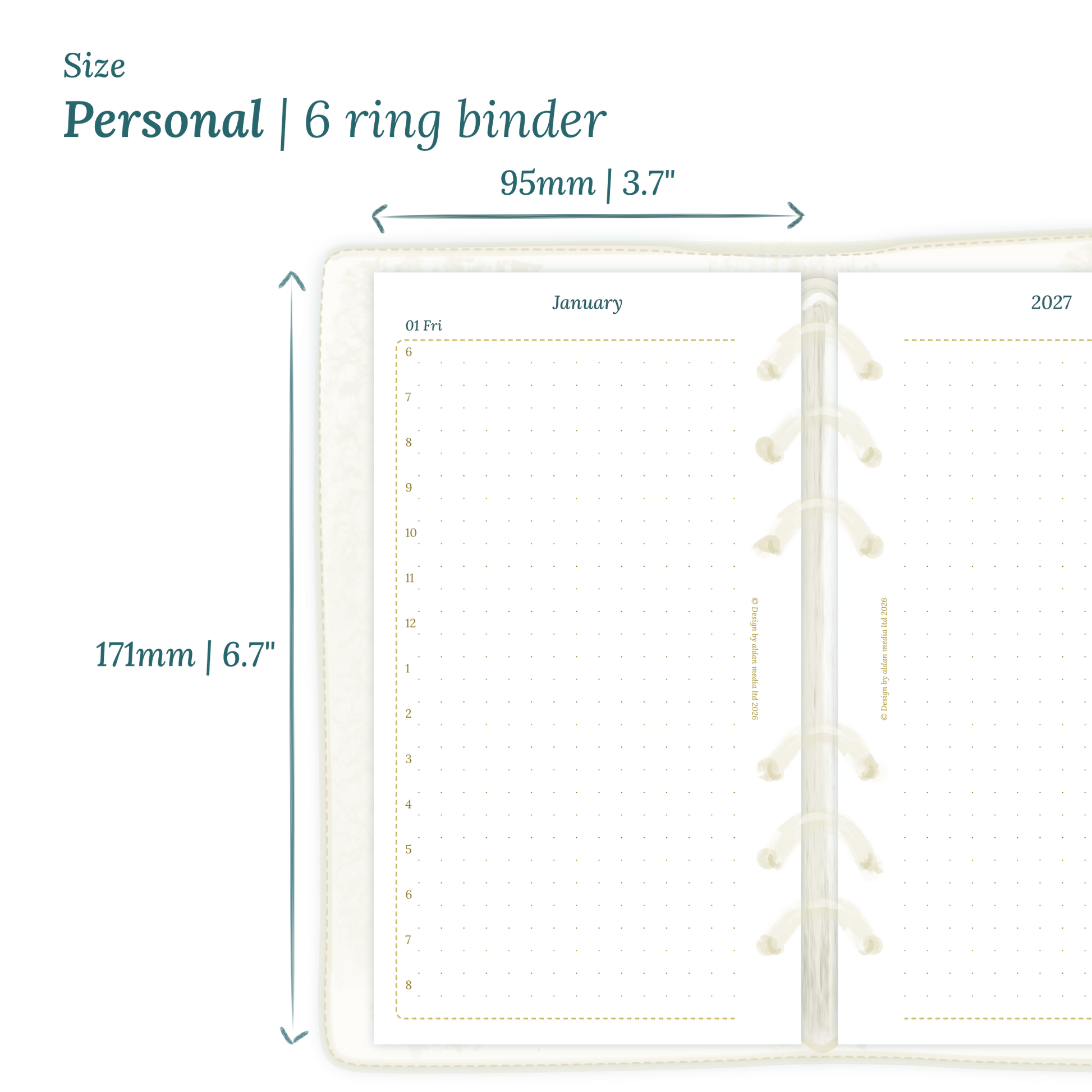 Printable PDF calendar planner insert with dimensions labeled on a white background to show the size supported which is Personal size for 6 ring binder.