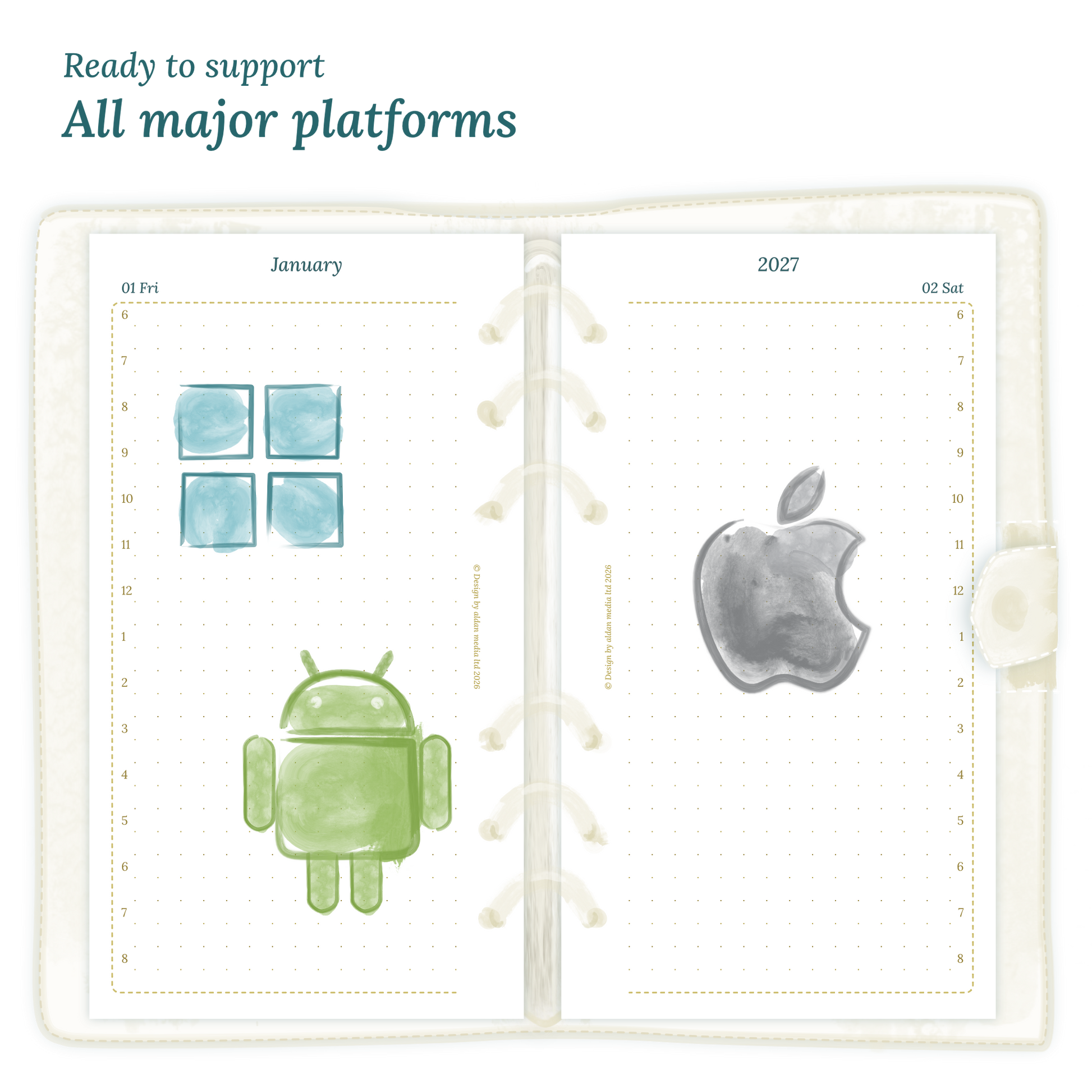 Open planner printable PDF calendar insert with Windows, Android and Apple logos on a white background to show what operating systems are supported by our printables for Personal size 6 ring binder planner.
