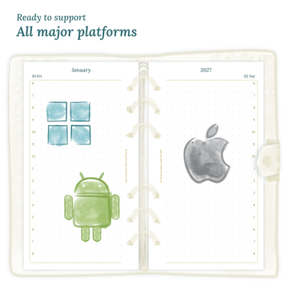 Open planner printable PDF calendar insert with Windows, Android and Apple logos on a white background to show what operating systems are supported by our printables for Personal size 6 ring binder planner.