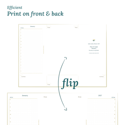 Printable PDF calendar design with a title and text indicating efficient printing on front and back of the A4 page to create a Personal size 6 ring binder planner.