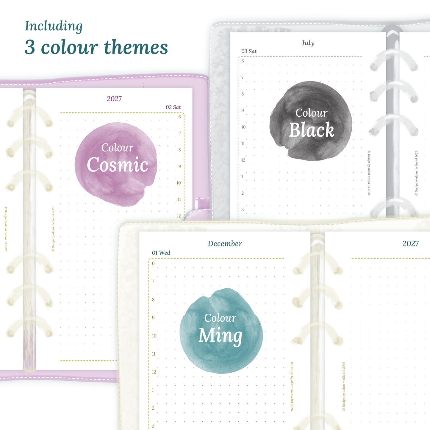 Three colour variants of the calendar designs of the PDF printable inserts with colour themes ‚Cosmic/Raspberry', 'Black', and ‚Ming/Blue' displayed to show how they look like on this module D1P day on 1 page for Personal size 6 ring binder planner.