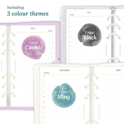 Three colour variants of the calendar designs of the PDF printable inserts with colour themes ‚Cosmic/Raspberry', 'Black', and ‚Ming/Blue' displayed to show how they look like on this module D1P day on 1 page for Personal size 6 ring binder planner.