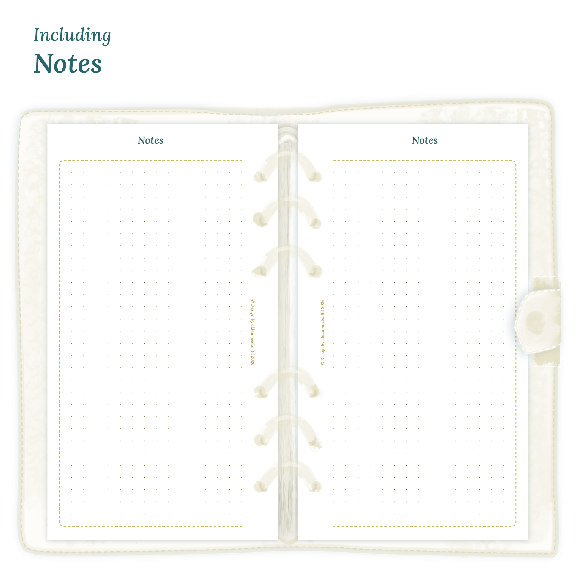 Open planner showing details of the printable PDF planner inserts module Notes for 2027 inside this product D1P day on 1 page for Personal 6 ring binder planner.