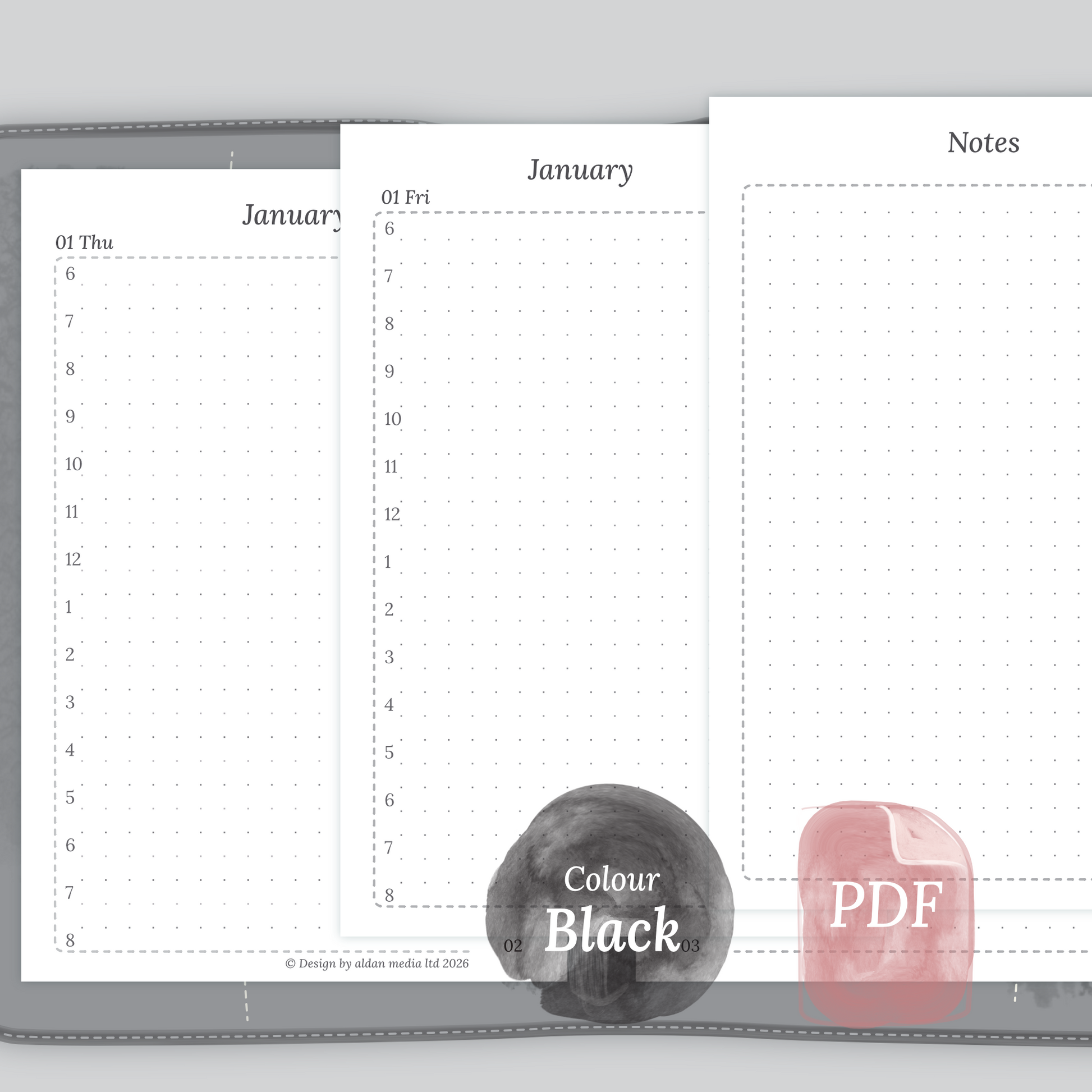 Examples featuring the PDF printable planner inserts module of D1P day on 1 page for 2026 and 2027 in the colour Black & White for Pocket size 6 ring binder planner.