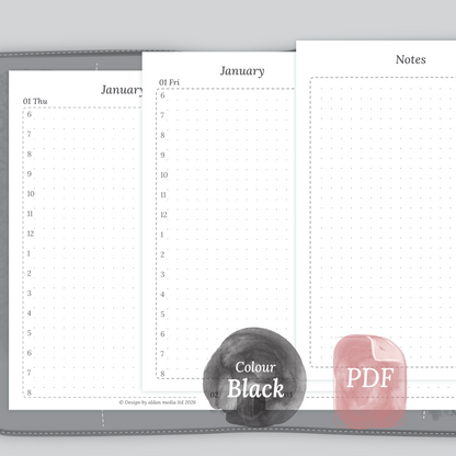 Examples featuring the PDF printable planner inserts module of D1P day on 1 page for 2026 and 2027 in the colour Black & White for Pocket size 6 ring binder planner.