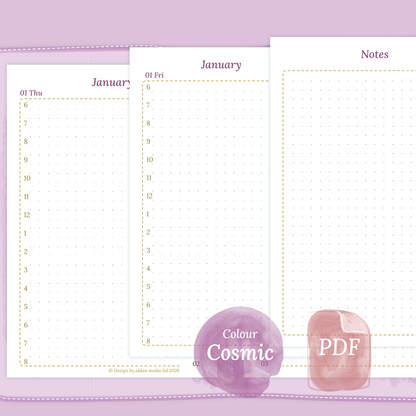 Examples featuring the PDF printable planner inserts module of D1P day on 1 page for 2026 and 2027 in the colour Cosmic/Raspberry for Pocket size 6 ring binder planner.
