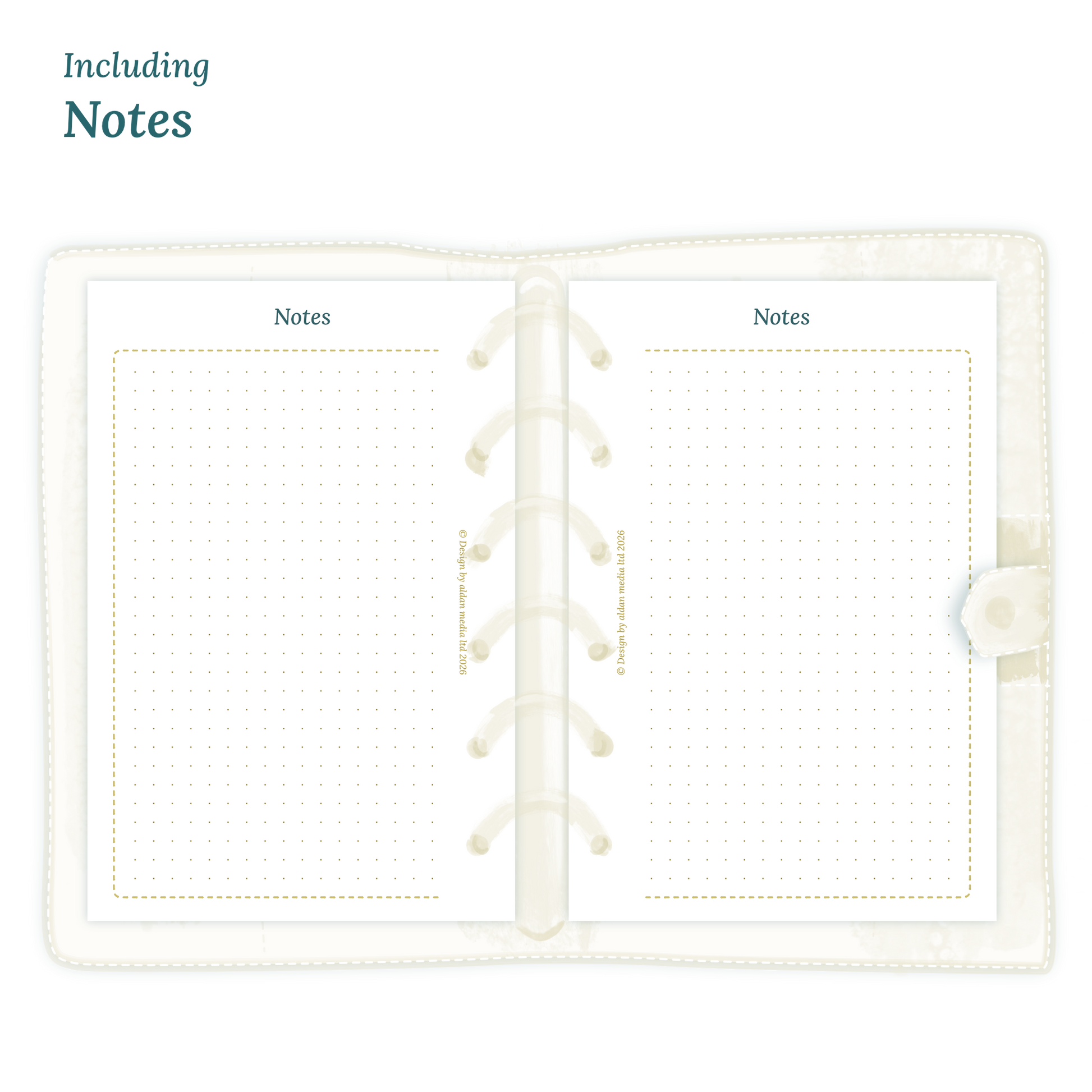 Open planner showing details of the printable PDF planner inserts module Notes for 2027 inside this product D1P day on 1 page for Pocket 6 ring binder planner.