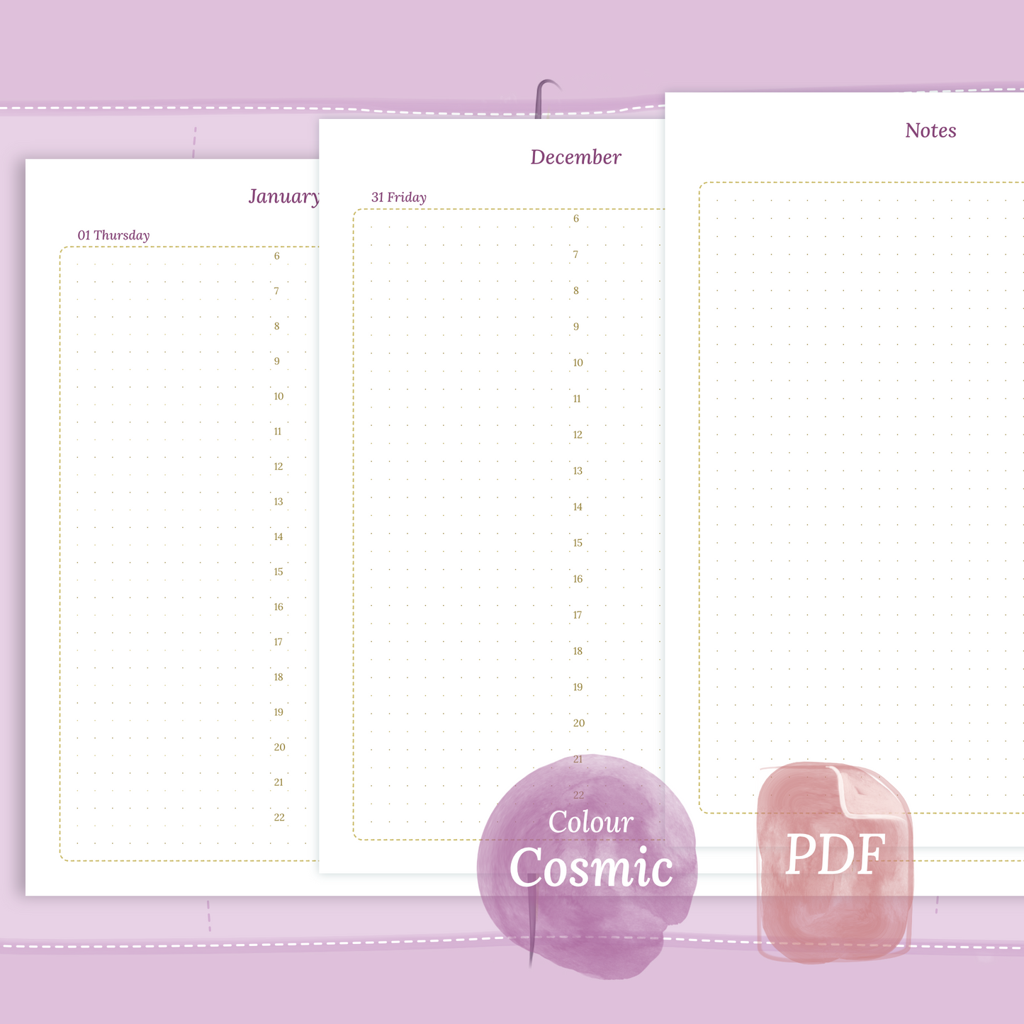 Examples featuring the PDF printable planner inserts module of D1P day on 1 page for 2026 and 2027 in the colour Cosmic/Raspberry.