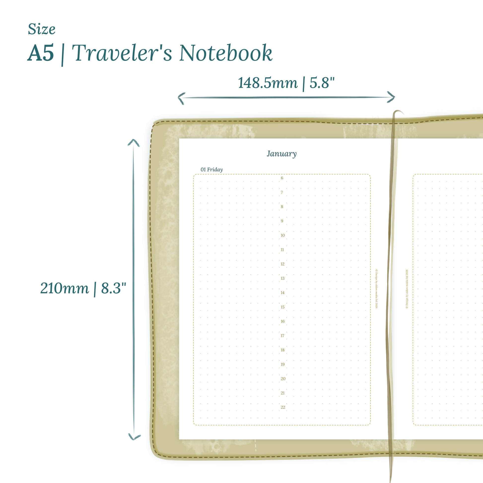 Printable PDF calendar planner insert with dimensions labeled on a white background to show the size supported which is A5 for Traveler's Notebook.