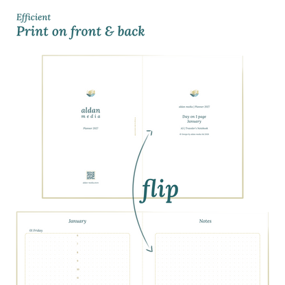 Printable PDF calendar design with a title and text indicating efficient printing on front and back of the A4 page.