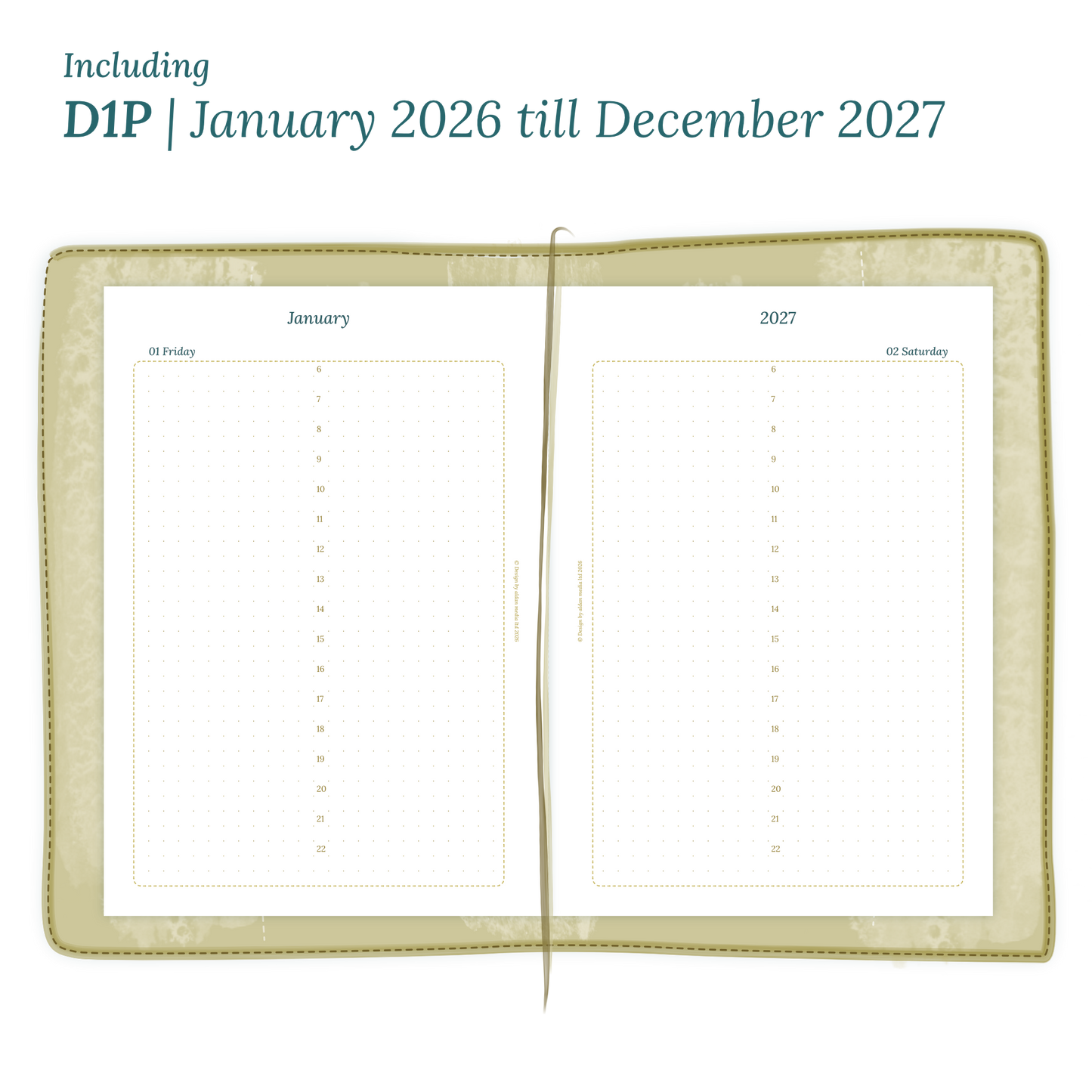 Open planner showing details of the printable PDF planner inserts module D1P day on 1 page for January 2026 till December 2027.